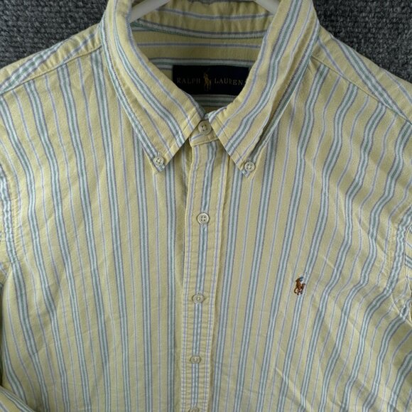 Ralph Lauren Button Up Shirt Long Sleeve Oxford Men Striped Yellow Blue Medium - Picture 1 of 13